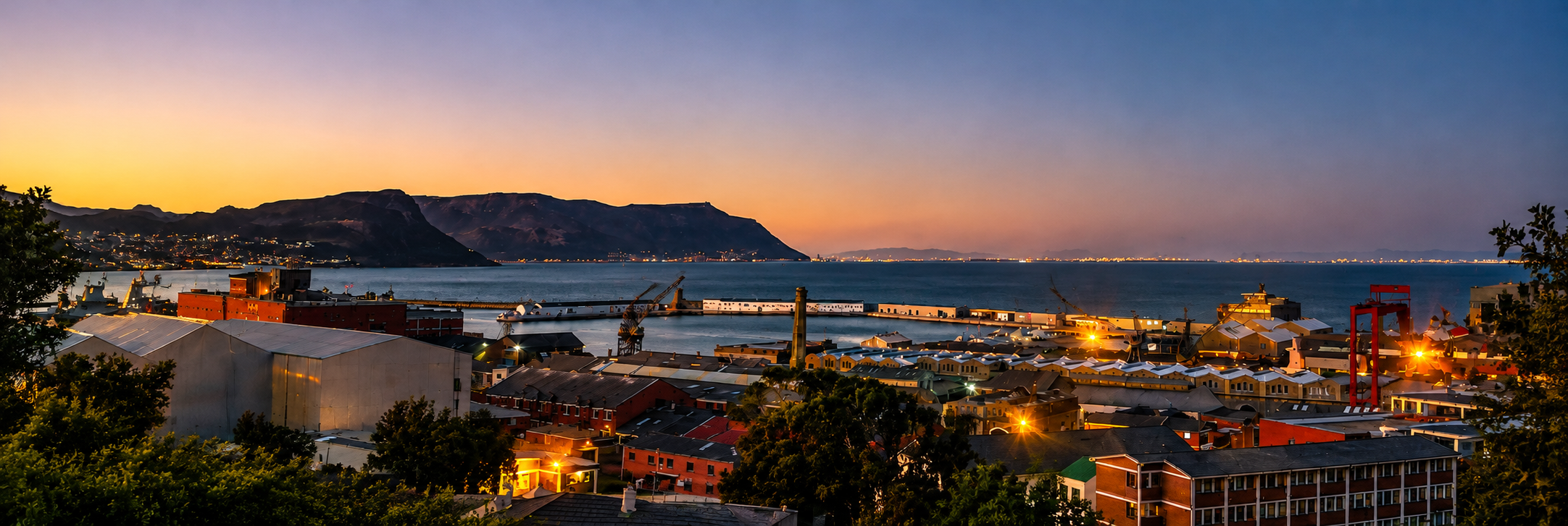 Evening view over Simon's Town harbour, False Bay and the surrounding mountains