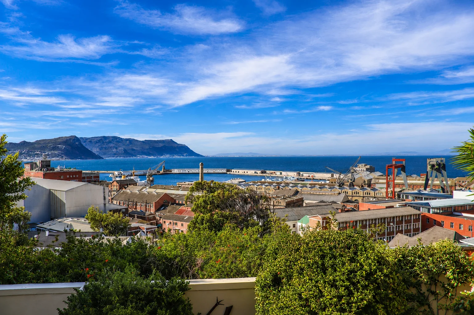 Morning view across Simon's Town harbour and False Bay from Chiduku